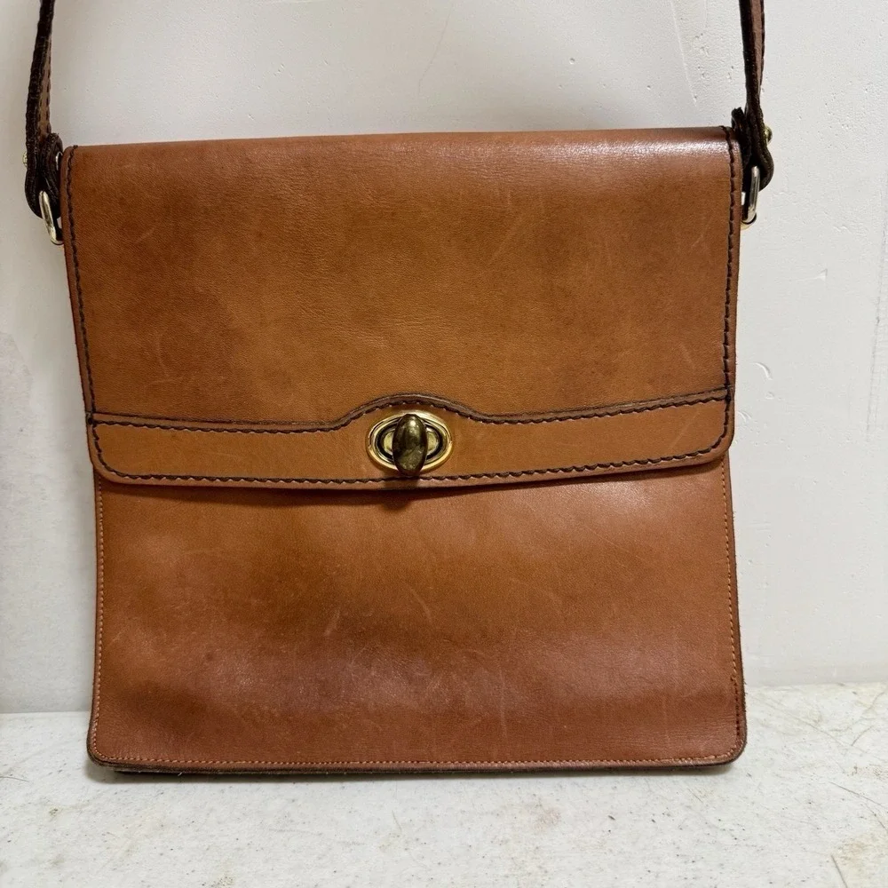 Vintage Tan Leather Crossbody Bag Turn Lock Flap Messenger Bag Brown